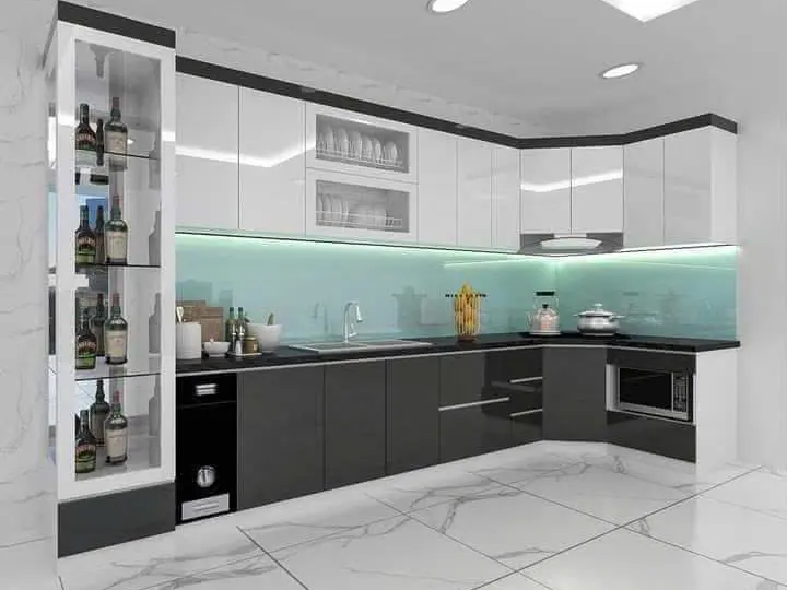 Tủ bếp chữ L Acrylic với tủ rượu kính