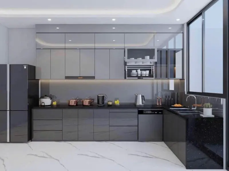 Bếp chữ L xám ghi, lò vi sóng âm