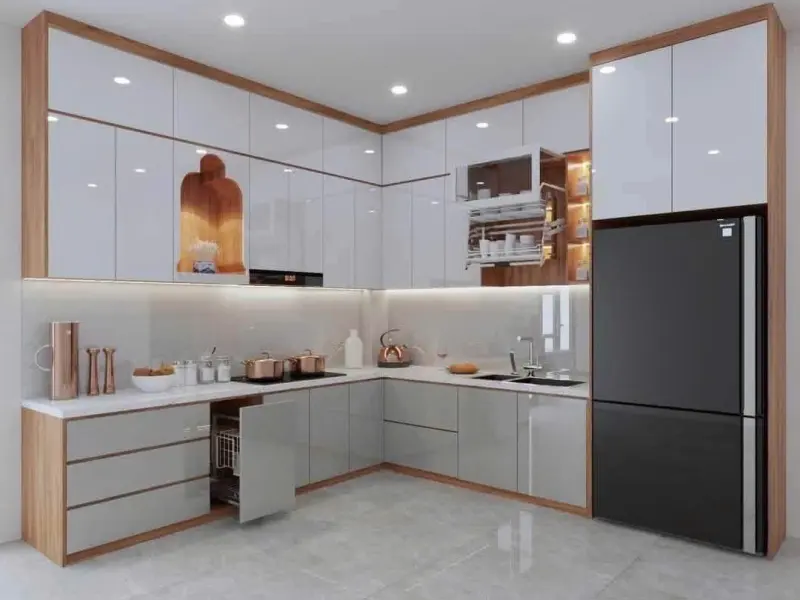 Tủ bếp Acrylic trắng viền gỗ