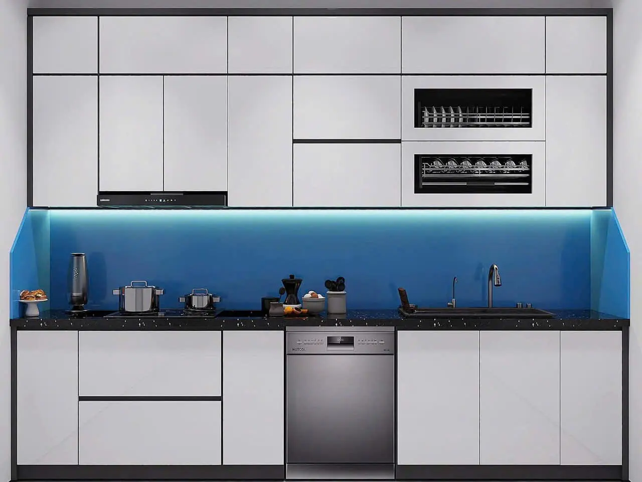 Tủ bếp chữ I Acrylic trắng, kính ốp xanh dương