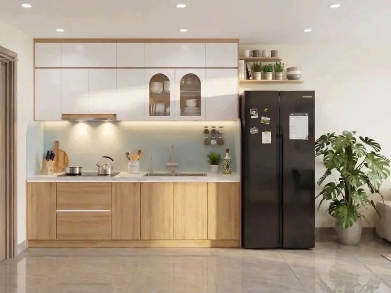 Bếp chữ I vân gỗ và trắng, ô kính vòm