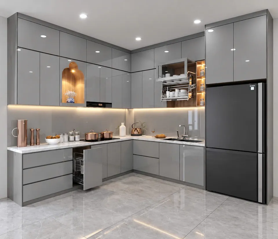 Tủ bếp chữ L Acrylic xám, giá nâng hạ và ngăn kéo góc